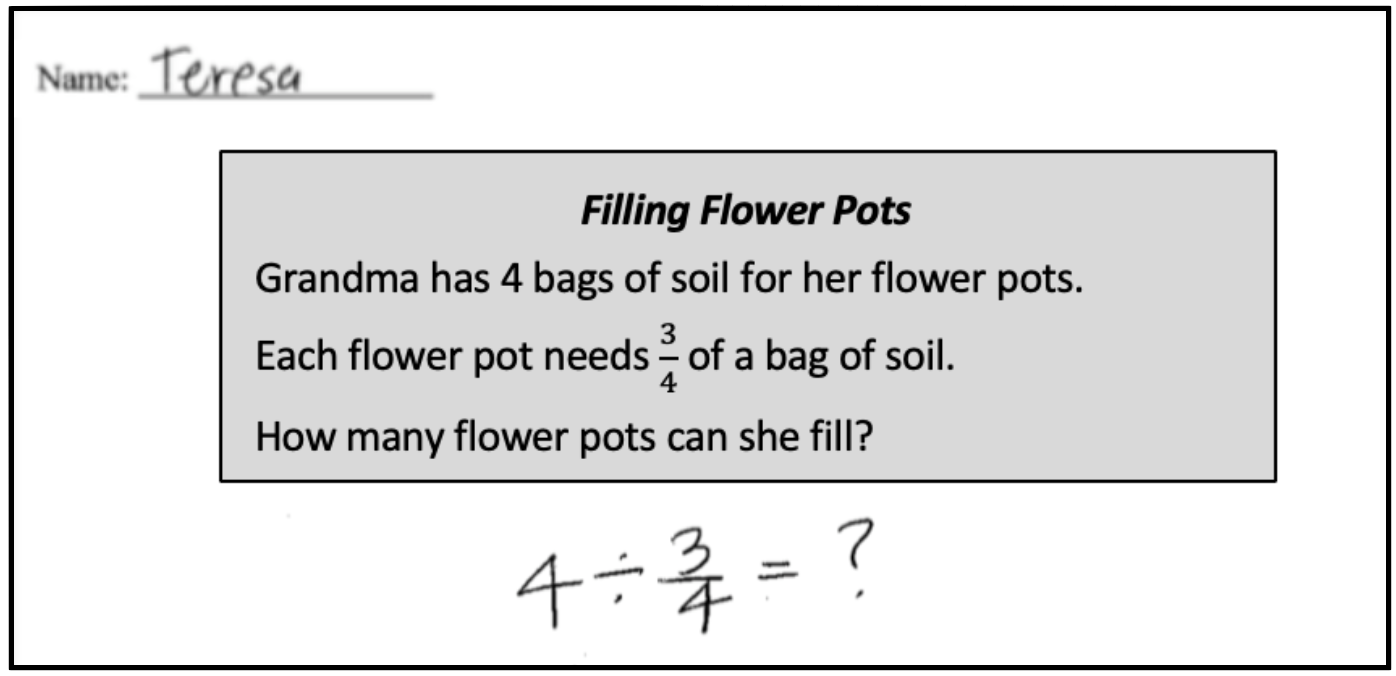 the Filling Flower Pots task, above which is Teresa's name and under which is written, four divided by three-fourths equals question mark
