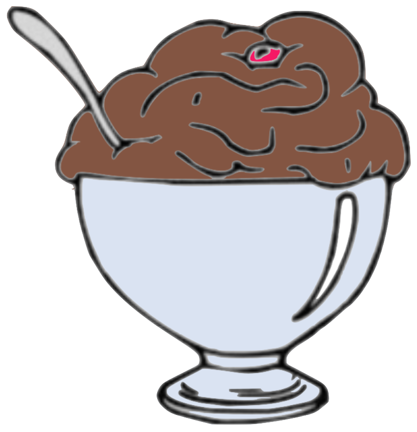 chocolate ice cream in a blue bowl with a spoon